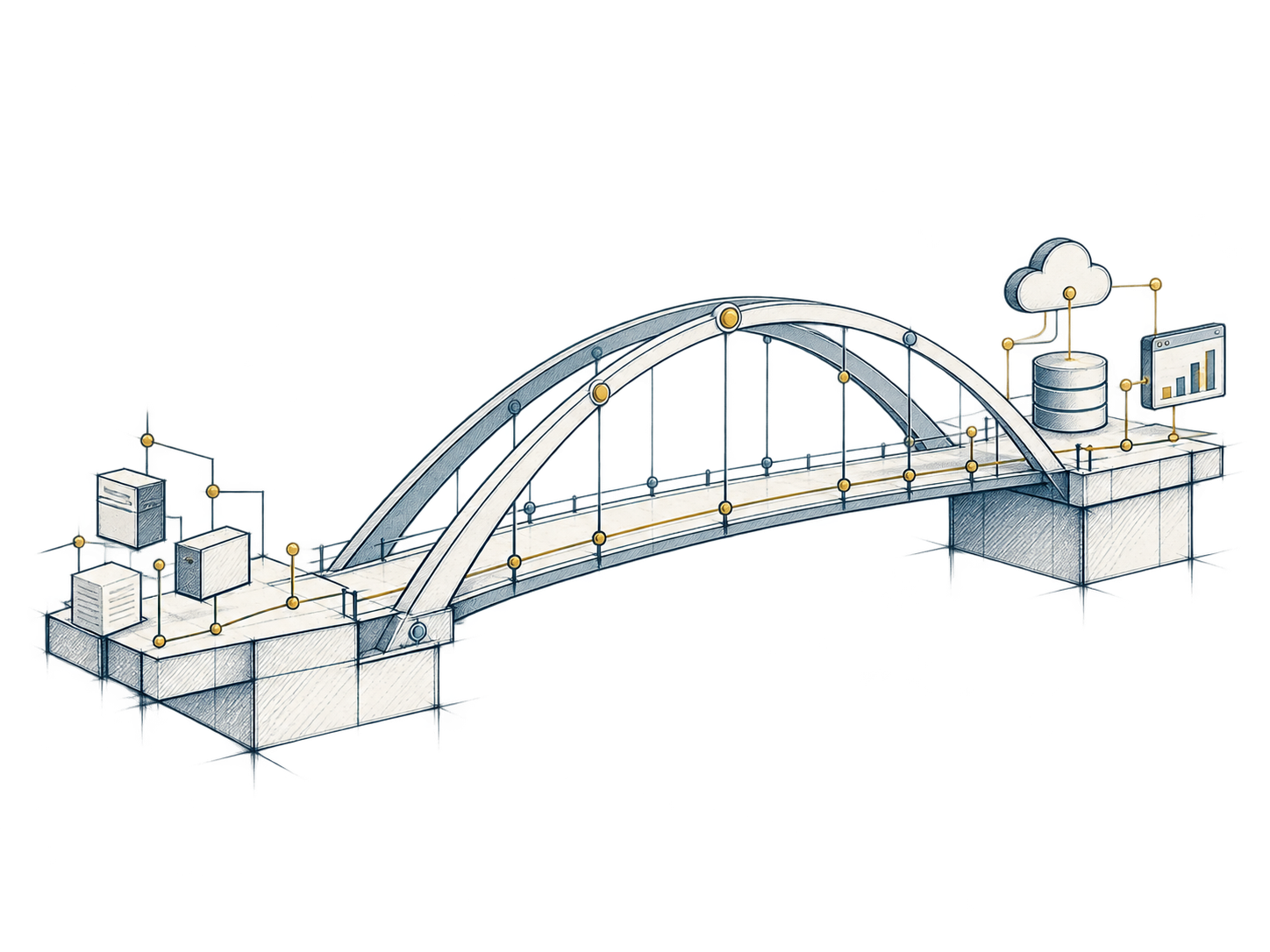Technische Handzeichnung einer Brücke als Symbol für die Verbindung von Prozessen, Daten und IT-Systemen.