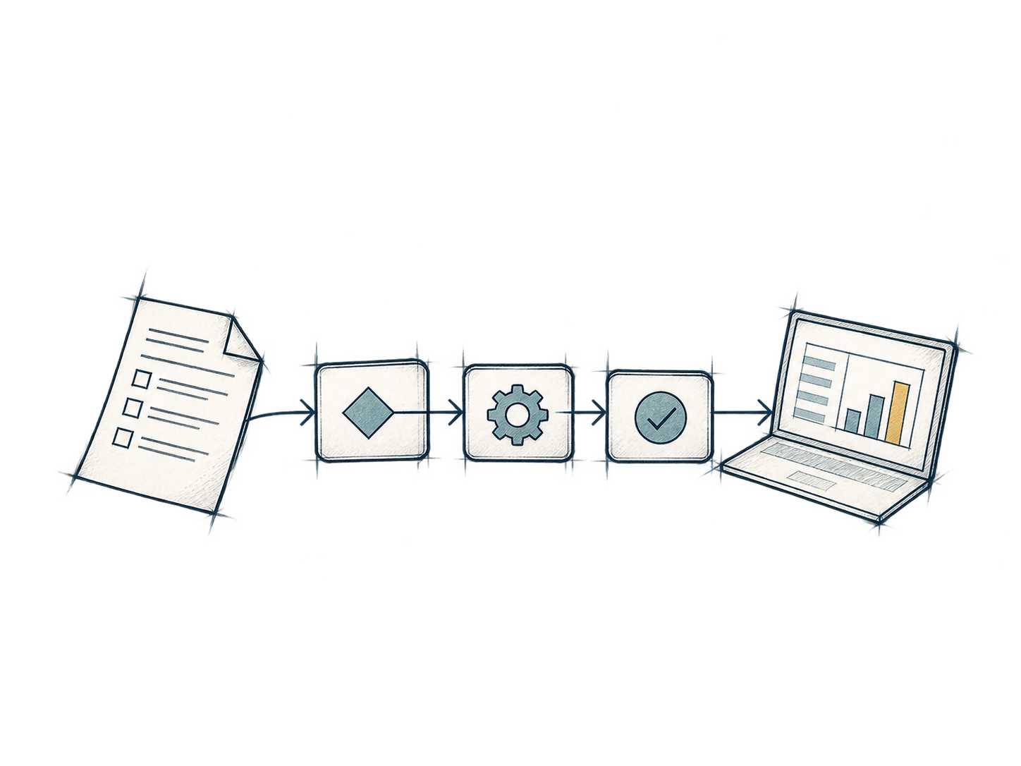 Technische Handzeichnung zum Thema Geschäftsprozesse digitalisieren; feine Linien auf transparentem Hintergrund.