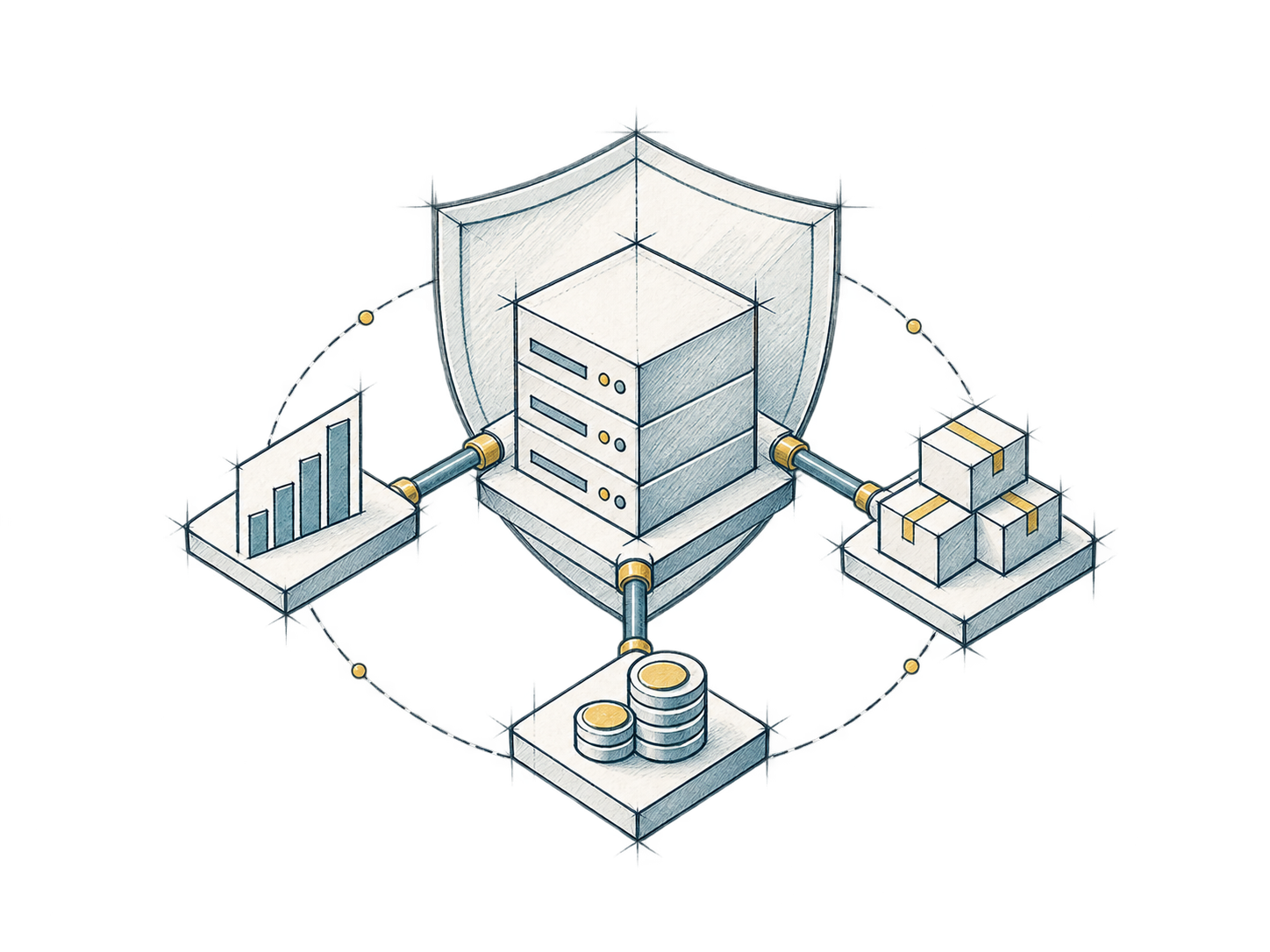 Technische Handzeichnung zu offener Unternehmenssoftware, Systemarchitektur und digitaler Souveränität.