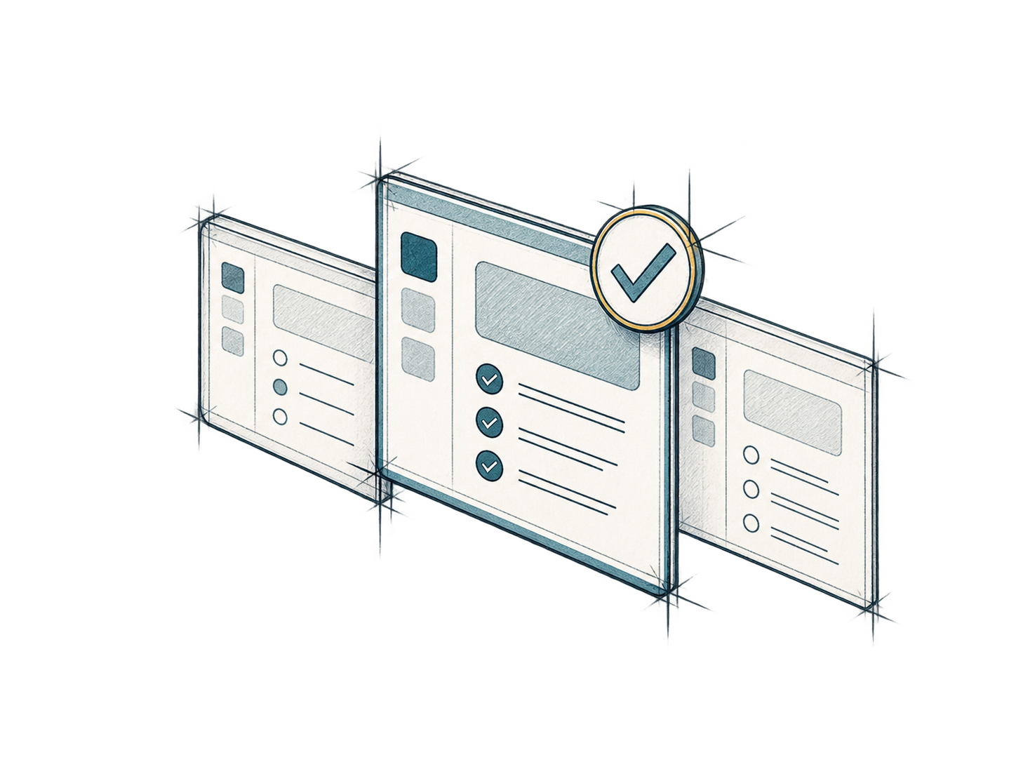 Technische Handzeichnung zum Thema Unternehmenssoftware auswählen; feine Linien auf transparentem Hintergrund.